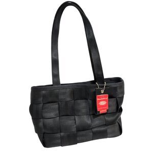 Vtg Harveys Seatbelt Black Tote Bag Handbag Shoulder Purse Long Top Handles Snap